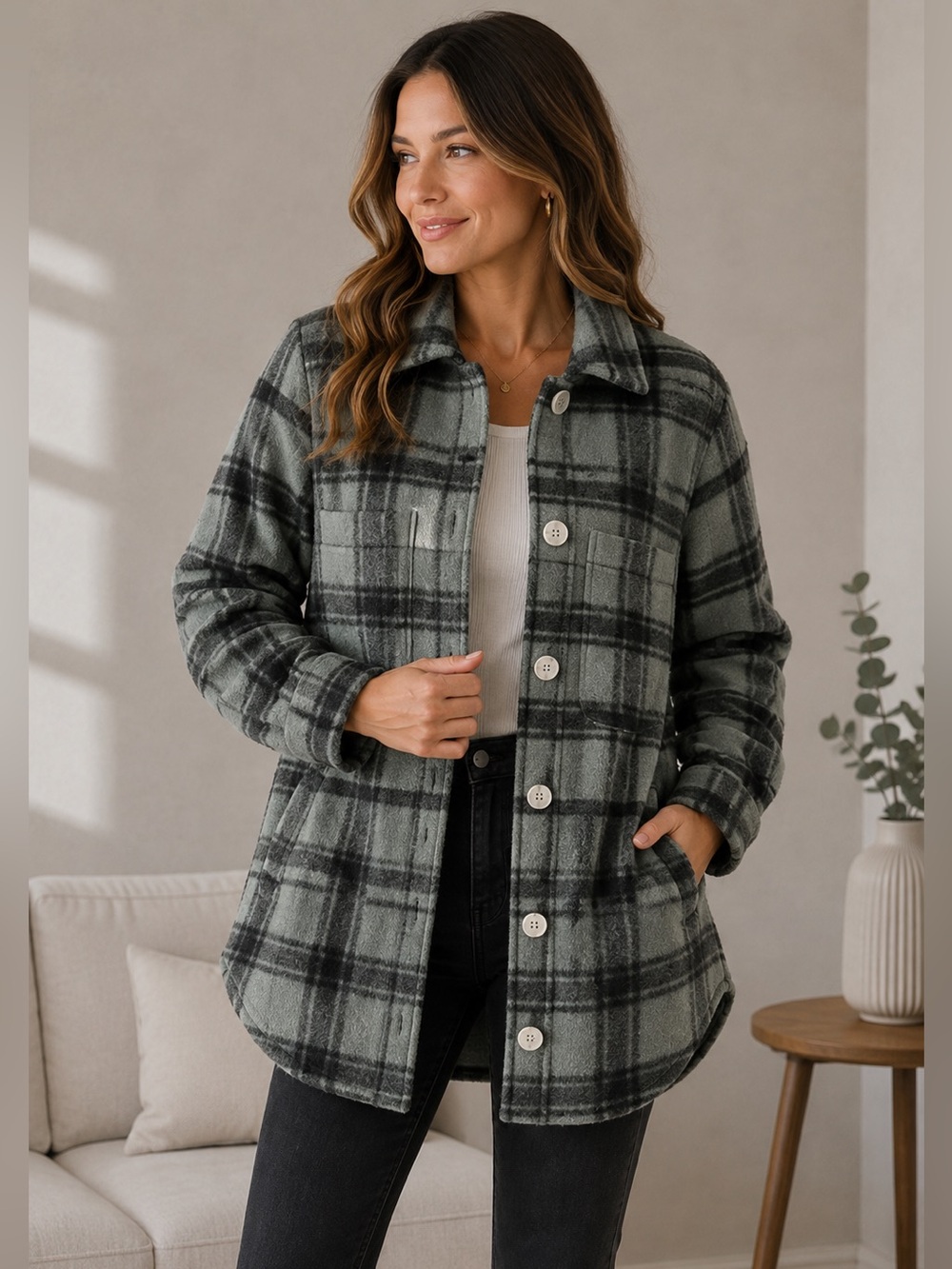 H&M Plaid Button-Up Shacket in Sage and Black